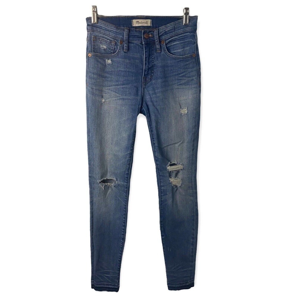 Madewell Women Jeans 9" High Rise Skinny Blue Wash Denim Stretch Fray Hem Sz 25"